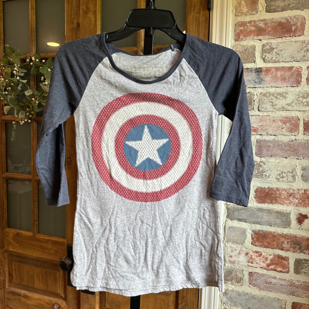 Marvel Baseball Tee Women XS Gray Captain America Shield Raglan 3/4 Sleeve Top